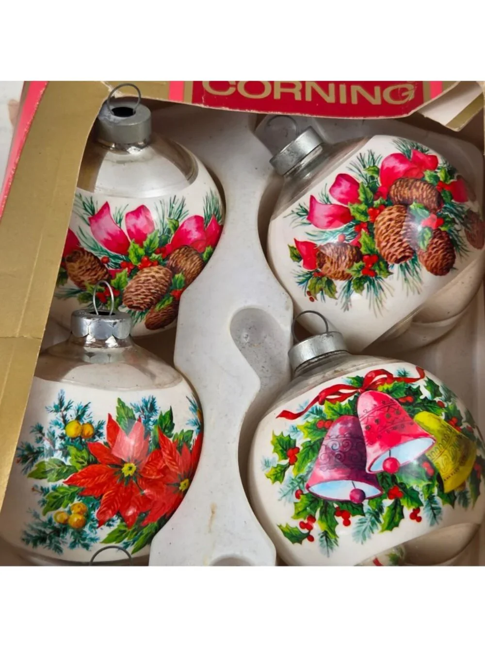 Vintage Corning 2.5 Glass Christmas Ornaments Set Of 6 With Holiday Designs & Or